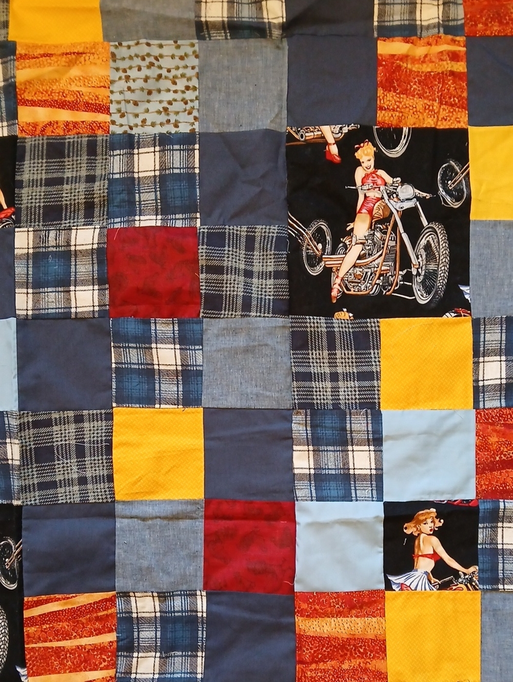 Motorcycle Pin-up Girl Themed Quilt Top Ready For Backing